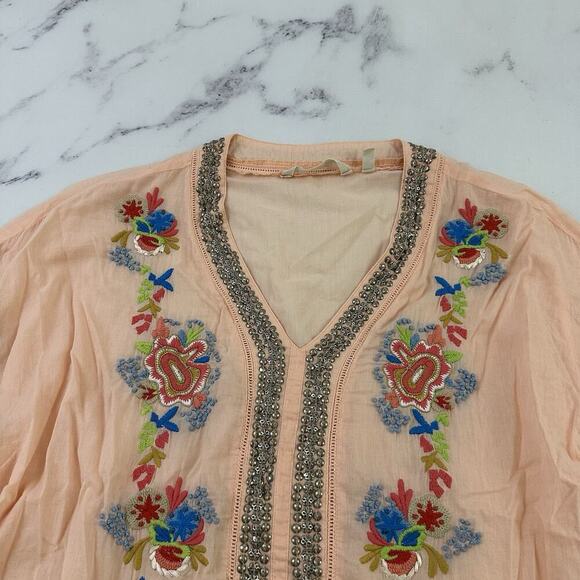 Soft Surroundings Embroidered Blouse Top Size M Orange Blue Beaded Boho Floral - Picture 2 of 13